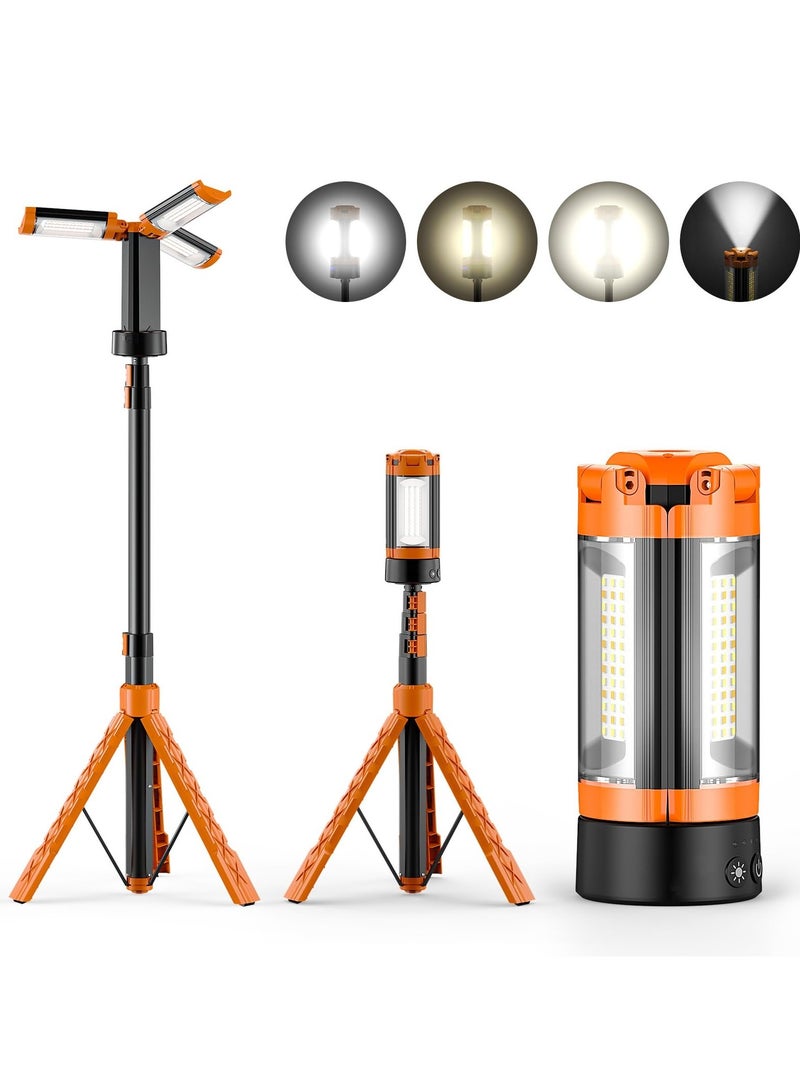 Rechargeable 10000mAh Camping Light with Stand 186cm Max Height, Cordless Work Light with 3 LED Lamp Heads, 2200 Lumens Camping Essentials Gear Emergency Flashlight with Detachable Tripod - Image 1