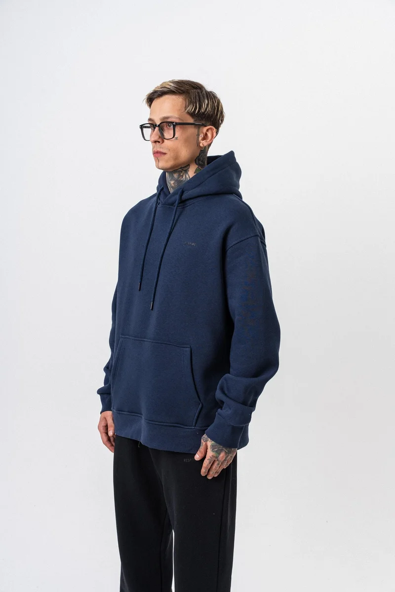 RESPIRE Men's Respire Letter Detail Basic Hooded Oversize Hoodie Navy Blue