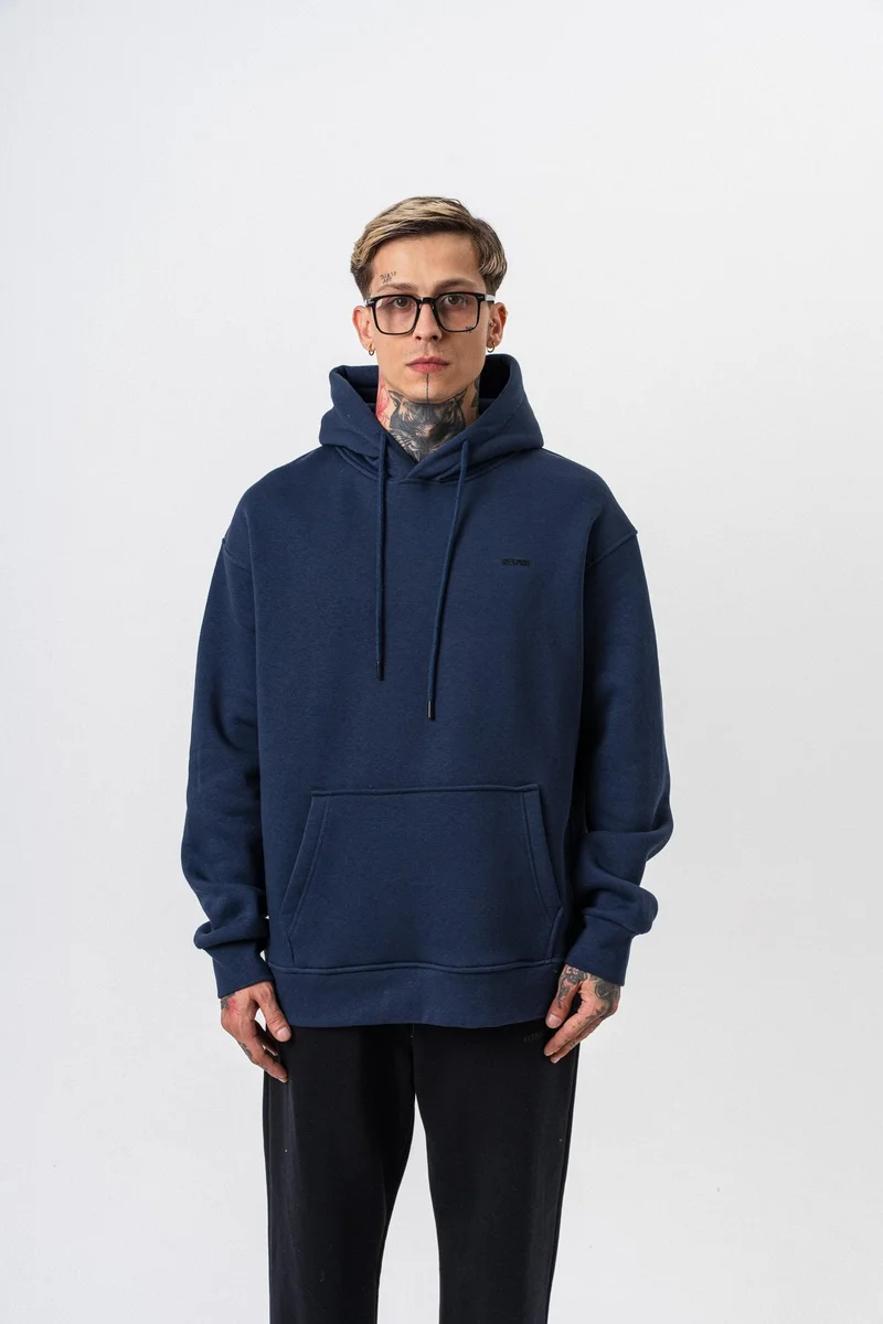 ريسباير هودي رجالي أساسي واسع (Oversize) بغطاء رأس بتفاصيل نص "Respire" لون كحلي