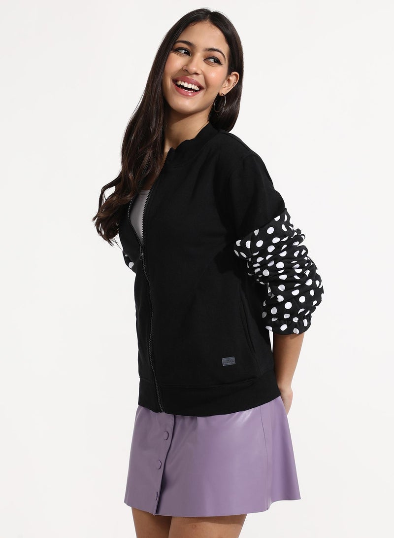 Campus Sutra Women's Black Zip-Front Sweatshirt With Polka Dot Sleeve  - Image 3