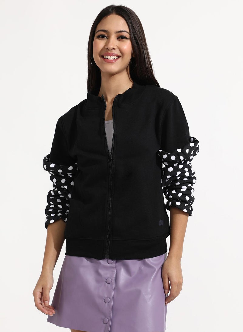 Campus Sutra Women's Black Zip-Front Sweatshirt With Polka Dot Sleeve  - Image 2