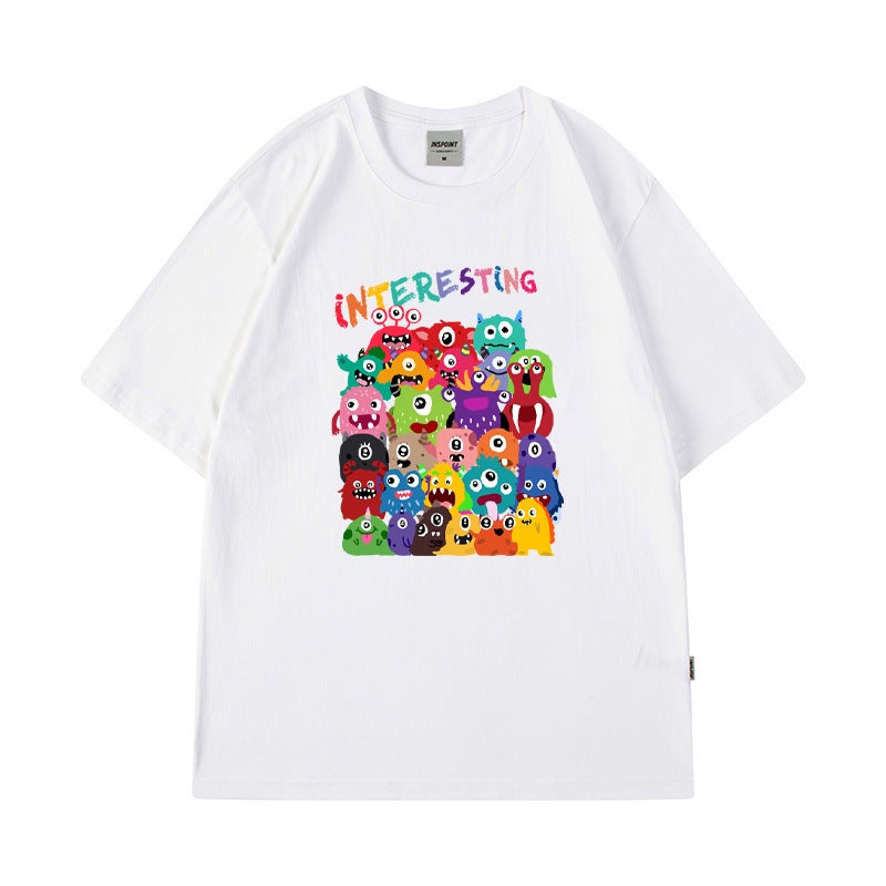 Short-Sleeved T-Shirt Men'S And Women'S Hong Kong-Style Cartoon High Street Crewneck Ins Trendy Summer Dress Five-Sleeve Couple'S Casual T-Shirt - Image 1