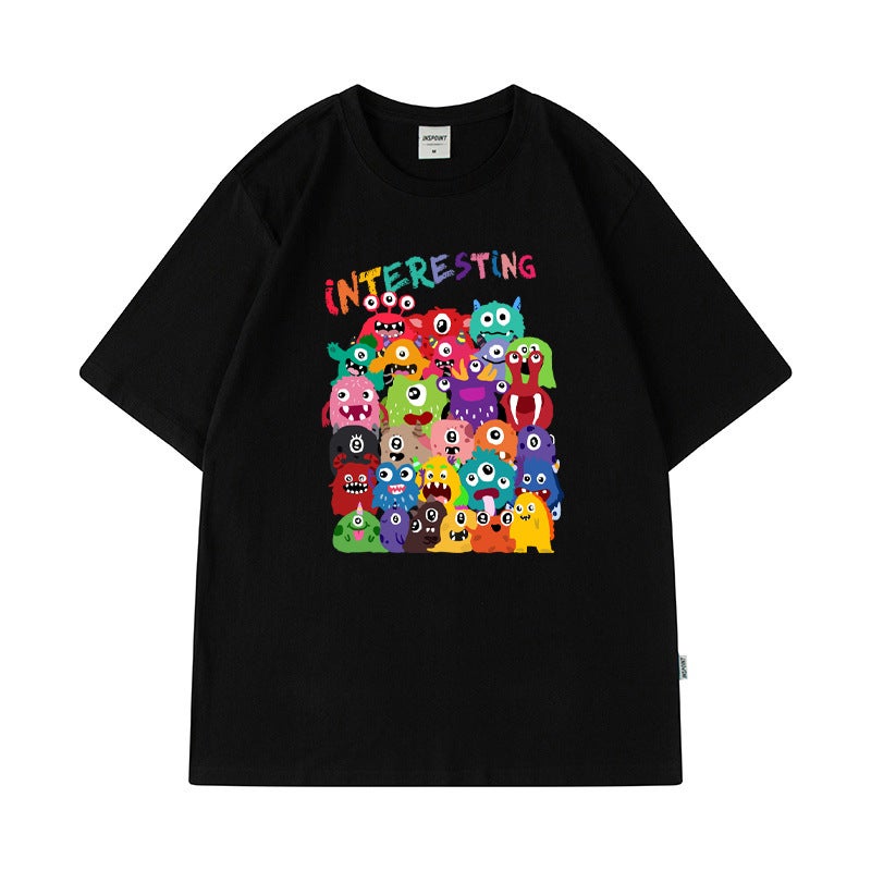 Short-Sleeved T-Shirt Men'S And Women'S Hong Kong-Style Cartoon High Street Crewneck Ins Trendy Summer Dress Five-Sleeve Couple'S Casual T-Shirt - Image 5