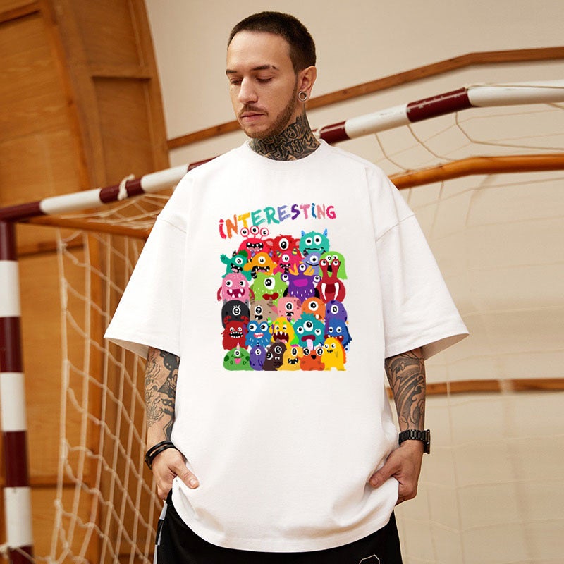 Short-Sleeved T-Shirt Men'S And Women'S Hong Kong-Style Cartoon High Street Crewneck Ins Trendy Summer Dress Five-Sleeve Couple'S Casual T-Shirt - Image 2