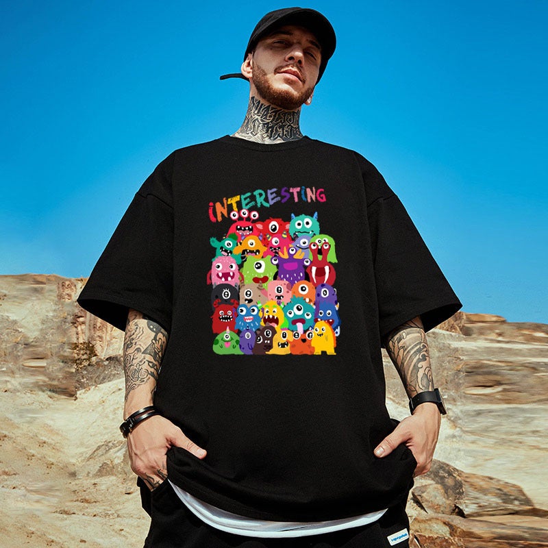 Short-Sleeved T-Shirt Men'S And Women'S Hong Kong-Style Cartoon High Street Crewneck Ins Trendy Summer Dress Five-Sleeve Couple'S Casual T-Shirt - Image 3