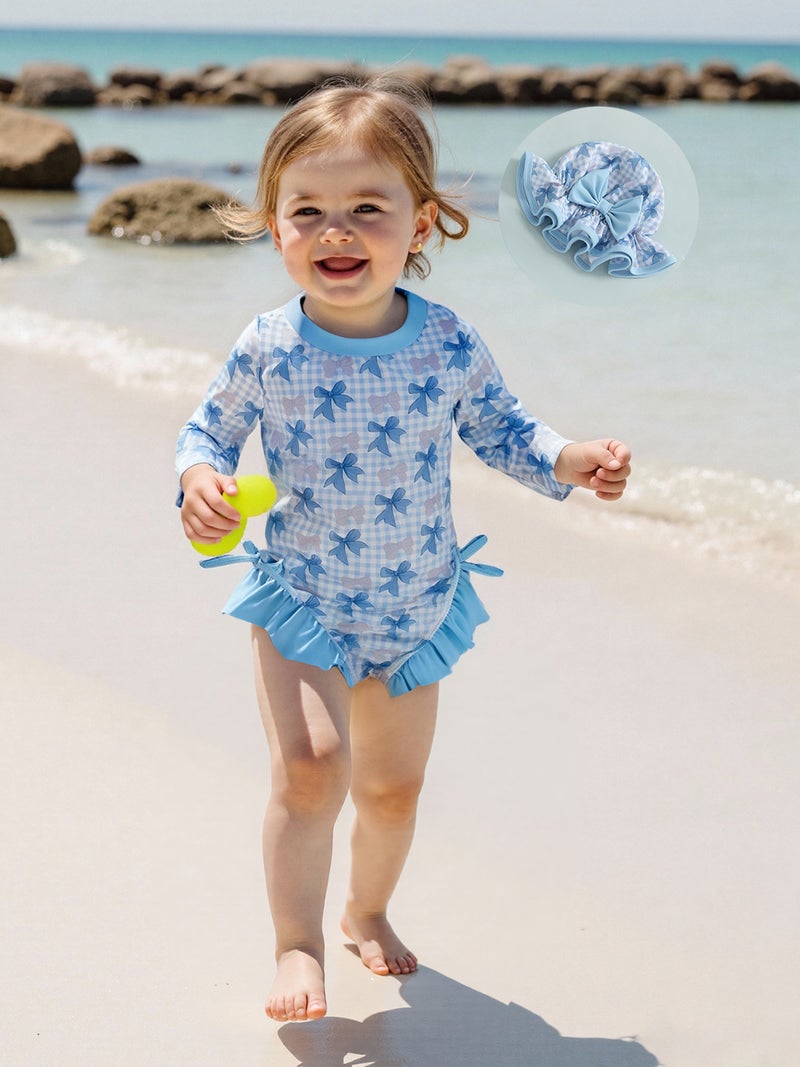 Baby Girl Rash Guard Swimsuit Long Sleeve Bow Plaid Print Bathing Suit Infant Swimwear with Sun Hat - Image 4
