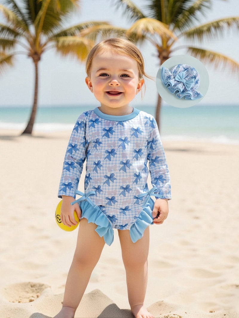 Baby Girl Rash Guard Swimsuit Long Sleeve Bow Plaid Print Bathing Suit Infant Swimwear with Sun Hat - Image 2