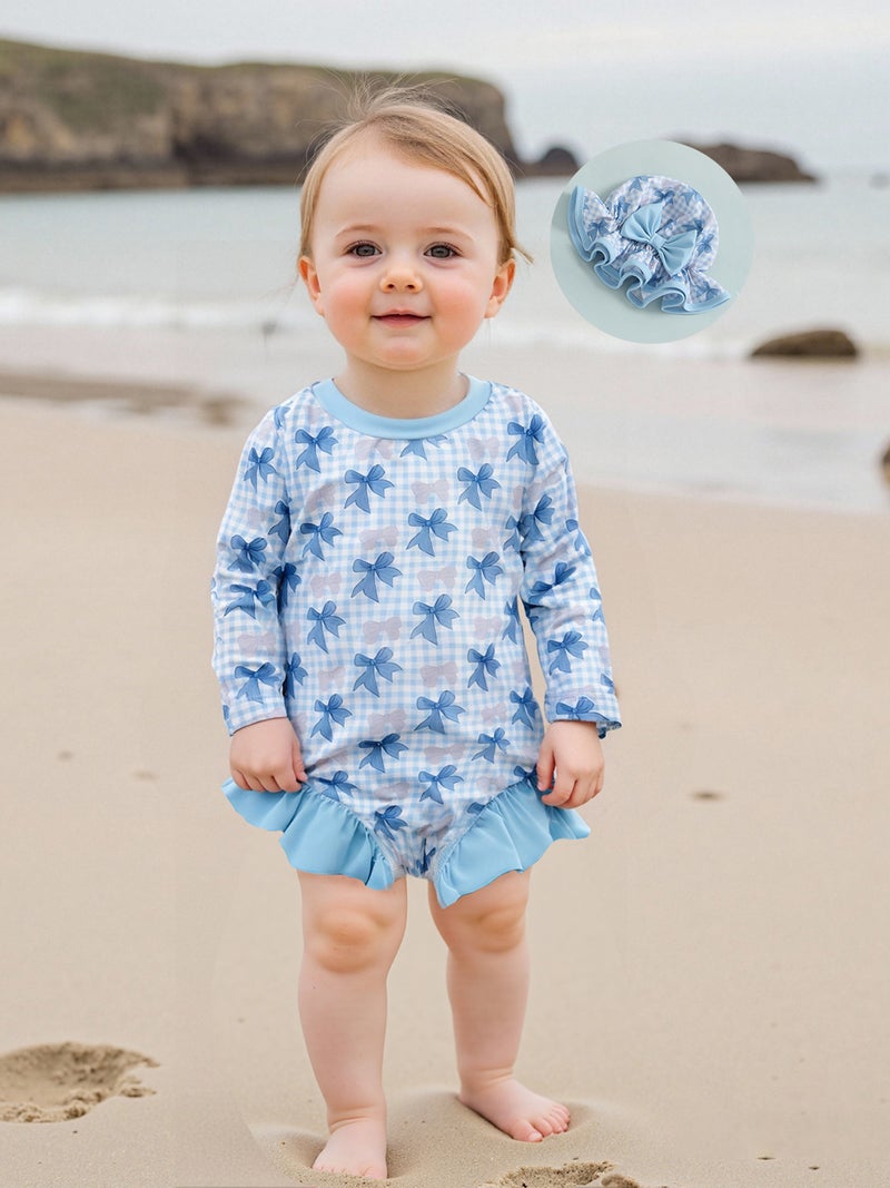 Baby Girl Rash Guard Swimsuit Long Sleeve Bow Plaid Print Bathing Suit Infant Swimwear with Sun Hat - Image 5