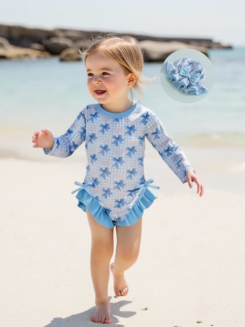 Baby Girl Rash Guard Swimsuit Long Sleeve Bow Plaid Print Bathing Suit Infant Swimwear with Sun Hat - Image 3