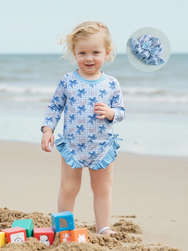 Baby Girl Rash Guard Swimsuit Long Sleeve Bow Plaid Print Bathing Suit Infant Swimwear with Sun Hat - Image 1