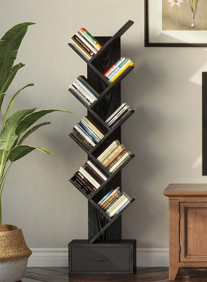 قف رف كتب على شكل شجرة مع درج، خزانة كتب خشبية ريفية بتسعة أرفف، رف تخزين للأقراص المدمجة والأفلام والكتب، رف زاوية على شكل سلم لغرفة المعيشة أو غرفة النوم أو المكتب المنزلي، أسود - Image 5