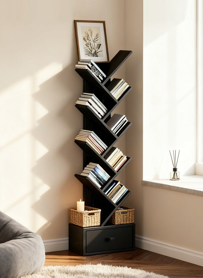 قف رف كتب على شكل شجرة مع درج، خزانة كتب خشبية ريفية بتسعة أرفف، رف تخزين للأقراص المدمجة والأفلام والكتب، رف زاوية على شكل سلم لغرفة المعيشة أو غرفة النوم أو المكتب المنزلي، أسود - Image 3