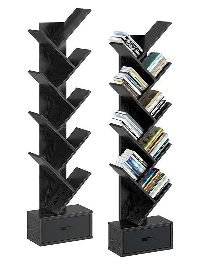 قف رف كتب على شكل شجرة مع درج، خزانة كتب خشبية ريفية بتسعة أرفف، رف تخزين للأقراص المدمجة والأفلام والكتب، رف زاوية على شكل سلم لغرفة المعيشة أو غرفة النوم أو المكتب المنزلي، أسود - Image 2