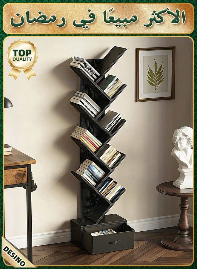 قف رف كتب على شكل شجرة مع درج، خزانة كتب خشبية ريفية بتسعة أرفف، رف تخزين للأقراص المدمجة والأفلام والكتب، رف زاوية على شكل سلم لغرفة المعيشة أو غرفة النوم أو المكتب المنزلي، أسود - Image 1