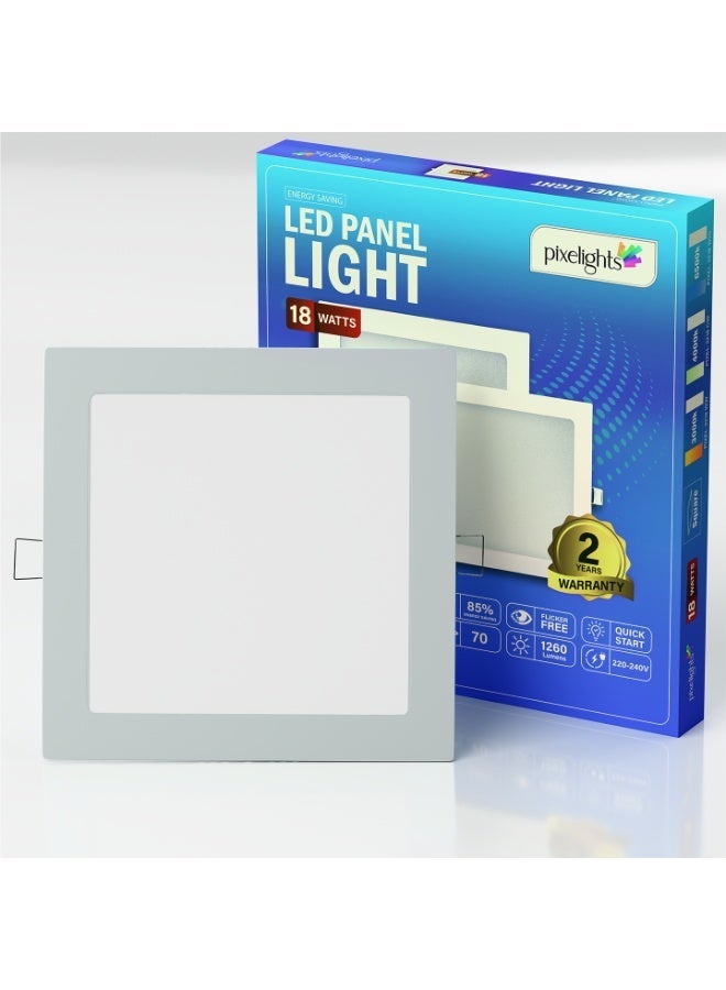 Pixelights 18W White 6500K, LED SLIM Panel Light, Square Recessed, Mounting Hole Size: 8inch (20x20cm) Non-Dimmable, 220-240V, IP20, Lifetime: 25000Hours, 2Years Warranty, (Single Pack)
