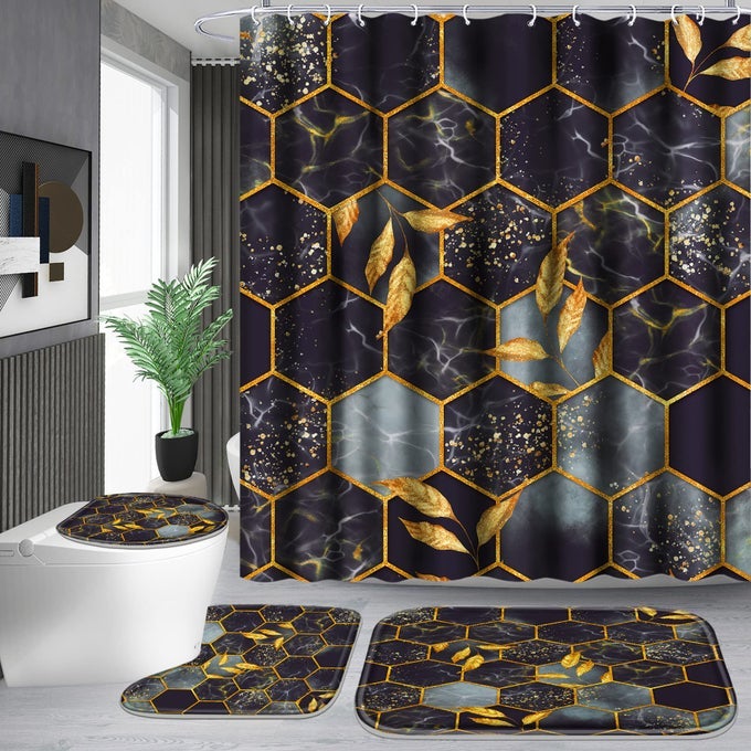 4 PCS BATHROOM SHOWER CURTAIN SETBATHROOM SETS WITH RUGSBATH MATU SHAPE AND TOILET LID COVER MAT AND 12 HOOKSHONEYCOMB MARBLE GREY BLACK