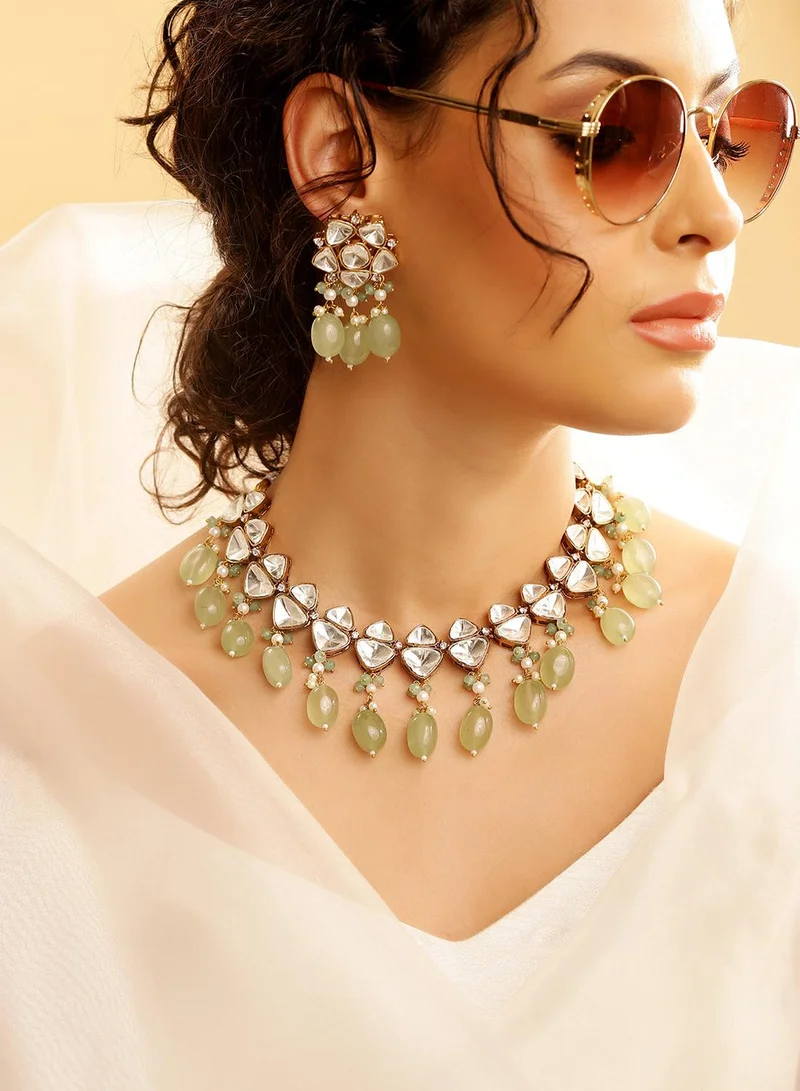 ISHIN Green Colour Warm Metallic Plated Jewellery Set