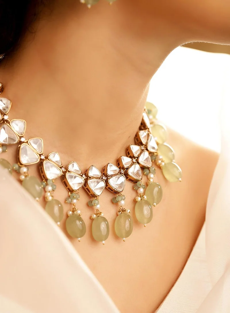 ISHIN Green Colour Warm Metallic Plated Jewellery Set