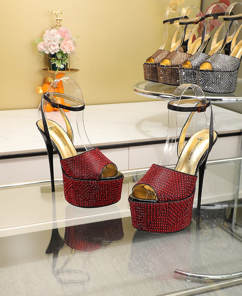 2023 New Flannel Rhinestone Round Toe Waterproof Platform Ultra-High Heel Stiletto Heel Sandals Belt Hate Sky High Buckle - Image 4
