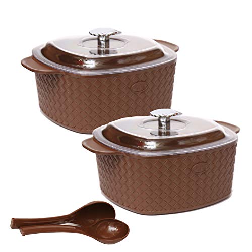 Jaypee Plus Festiva Twin Casserole 2000 + 2000 ml with 2 Serving Spoons Lockable Lid Food Grade BPA Free Rustproof Hotbox for Kitchen Hot Pot for Rice Ideal for Gifting, Brown - Image 1