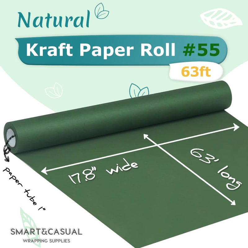 SMART&CASUAL 17.8" x 760" (63') Dark Green Kraft Craft Paper Roll for Gift Wrapping Bulletin Board Bouquet Flower Kids Art Packing Parcel Table Covering 80GSM 55LB (Dark Green, 17.8" x 63') - Image 2