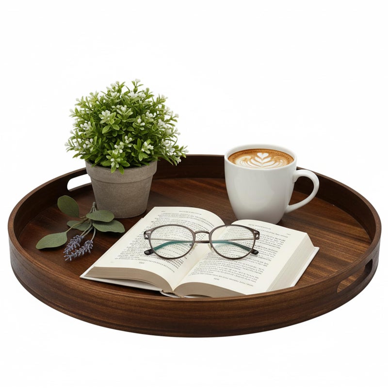FramePro Large Round Wooden Coffee Table Trays 20" - Multi-Functional Home Decor Ottoman Serving Platter Carbonized Black - Image 1