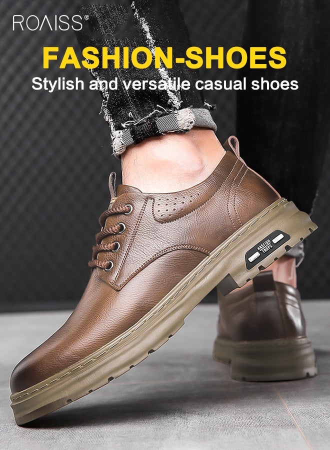 roaiss Men's Two Layers Cowhide Casual Leather Shoes Round Toe Anti-Slip Wear-Resistant Low-Cut Lace-Up Business Shoes British Retro Style Thick Sole Oxford Shoes Brown - Image 2