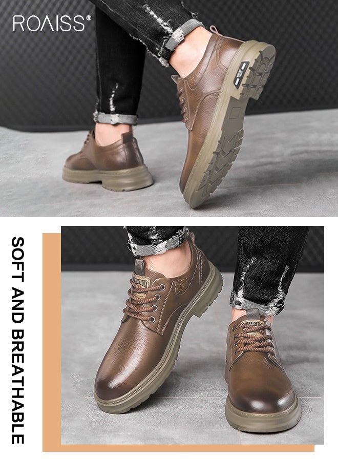 roaiss Men's Two Layers Cowhide Casual Leather Shoes Round Toe Anti-Slip Wear-Resistant Low-Cut Lace-Up Business Shoes British Retro Style Thick Sole Oxford Shoes Brown - Image 4