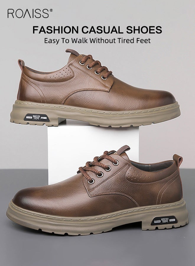 roaiss Men's Two Layers Cowhide Casual Leather Shoes Round Toe Anti-Slip Wear-Resistant Low-Cut Lace-Up Business Shoes British Retro Style Thick Sole Oxford Shoes Brown - Image 3