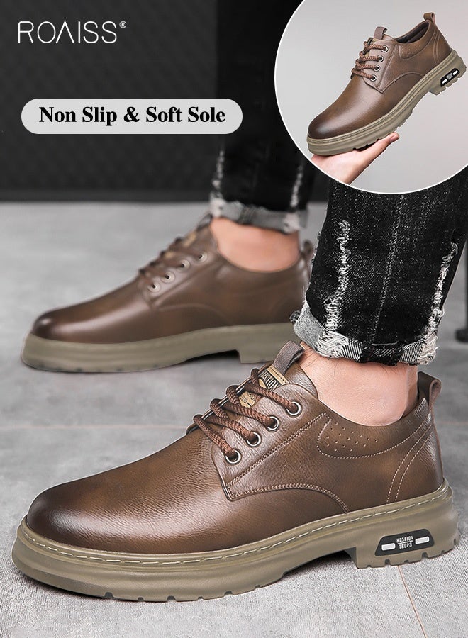roaiss Men's Two Layers Cowhide Casual Leather Shoes Round Toe Anti-Slip Wear-Resistant Low-Cut Lace-Up Business Shoes British Retro Style Thick Sole Oxford Shoes Brown - Image 1