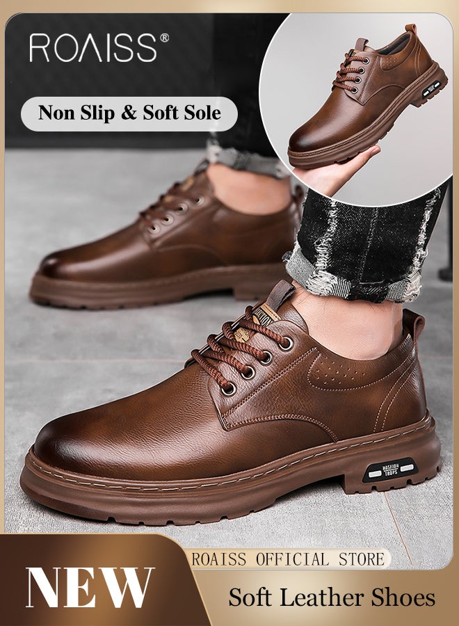 roaiss Men's Two Layers Cowhide Casual Leather Shoes Round Toe Anti-Slip Wear-Resistant Low-Cut Lace-Up Business Shoes British Retro Style Thick Sole Oxford Shoes Brown  - Image 1