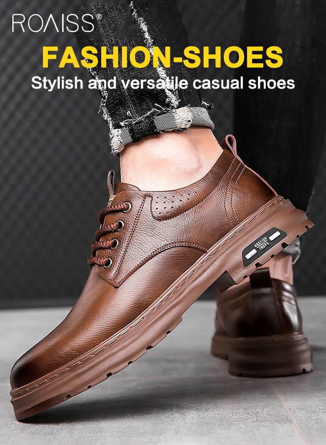 roaiss Men's Two Layers Cowhide Casual Leather Shoes Round Toe Anti-Slip Wear-Resistant Low-Cut Lace-Up Business Shoes British Retro Style Thick Sole Oxford Shoes Brown  - Image 2