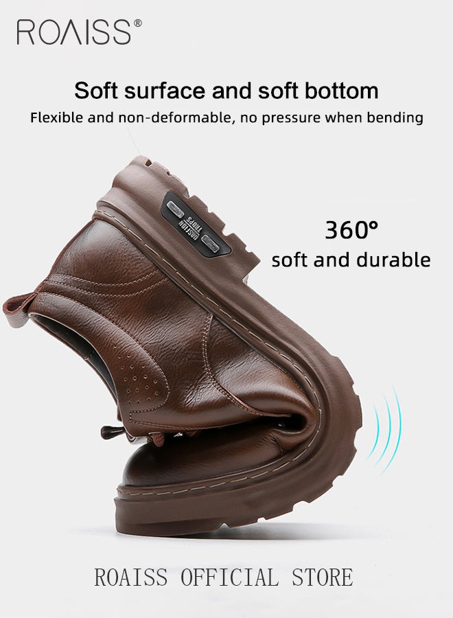 roaiss Men's Two Layers Cowhide Casual Leather Shoes Round Toe Anti-Slip Wear-Resistant Low-Cut Lace-Up Business Shoes British Retro Style Thick Sole Oxford Shoes Brown  - Image 5