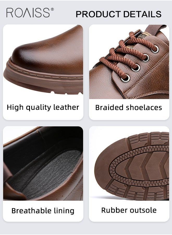 roaiss Men's Two Layers Cowhide Casual Leather Shoes Round Toe Anti-Slip Wear-Resistant Low-Cut Lace-Up Business Shoes British Retro Style Thick Sole Oxford Shoes Brown  - Image 3