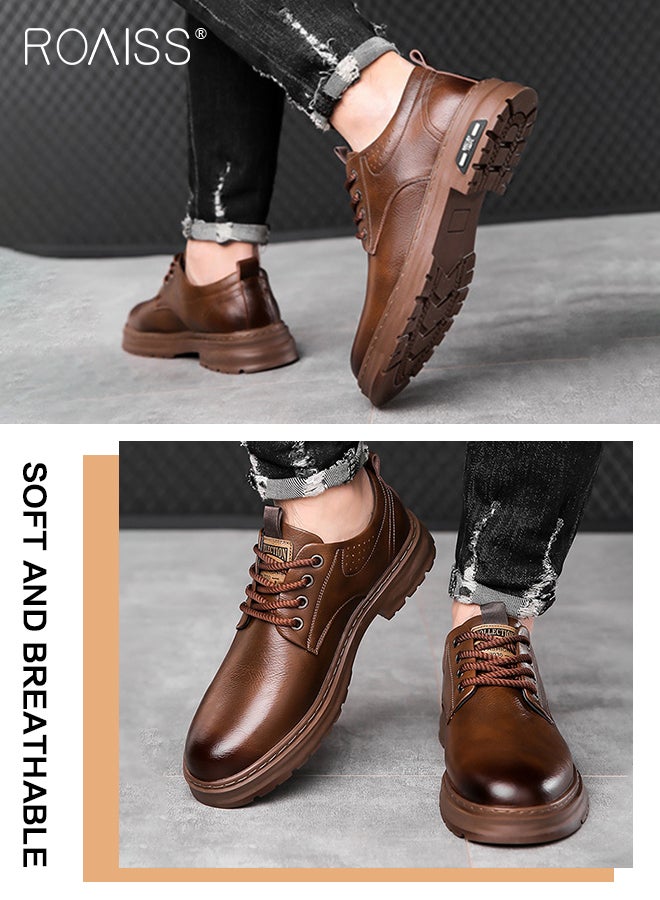 roaiss Men's Two Layers Cowhide Casual Leather Shoes Round Toe Anti-Slip Wear-Resistant Low-Cut Lace-Up Business Shoes British Retro Style Thick Sole Oxford Shoes Brown  - Image 4