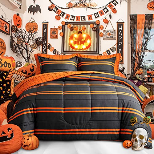 Flysheep Boho Striped Halloween Bed in a Bag 7 Pieces Queen Size, Ombre Bright Orange Stripes on Black Comforter Sheet Set (1 Comforter, 1 Flat Sheet, 1 Fitted Sheet, 2 Pillow Shams, 2 Pillowcases) - Image 2
