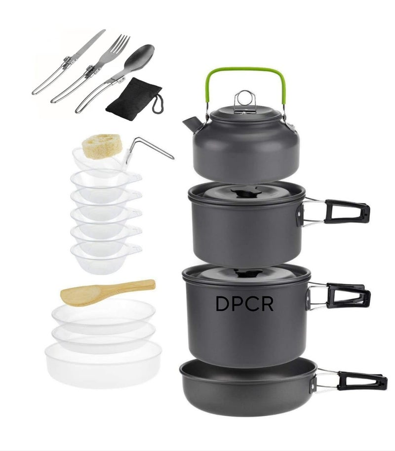 DPCR Camping Cooking Mess Kit with Spoon Set, Lightweight Hiking Cookware Set with Mesh Bag, Nonstick Aluminum Cooking Kit, Pot Pan Kettle Backpacking Mess Kit with Bowls (3-4 Person) - Image 1