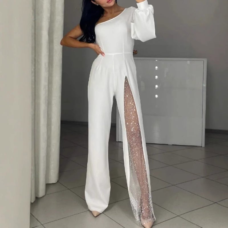 2024 Independent Station New_ Fashion Oblique Shoulder High Slit Women'S Jumpsuit - Image 3