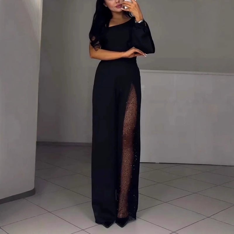 2024 Independent Station New_ Fashion Oblique Shoulder High Slit Women'S Jumpsuit - Image 2