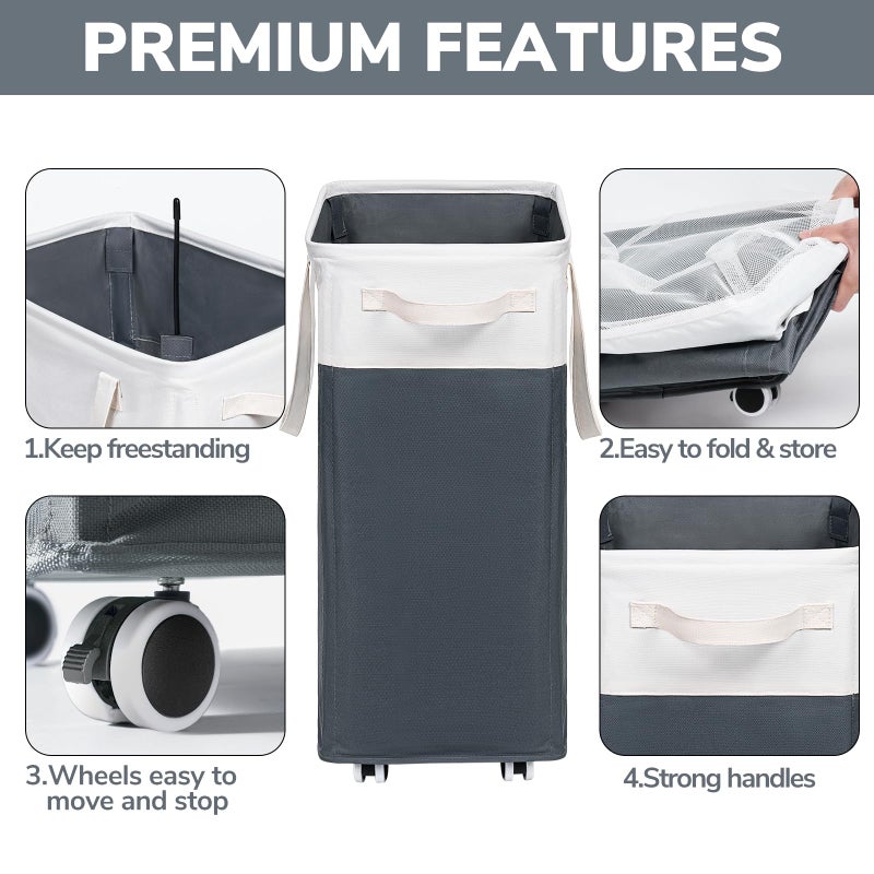 Goodpick Laundry Basket with Wheels, 75L Laundry Hamper for Dirty Clothes, College Dorm Essentials, Clothes Hamper for Livng Room, Grey&White - Image 4
