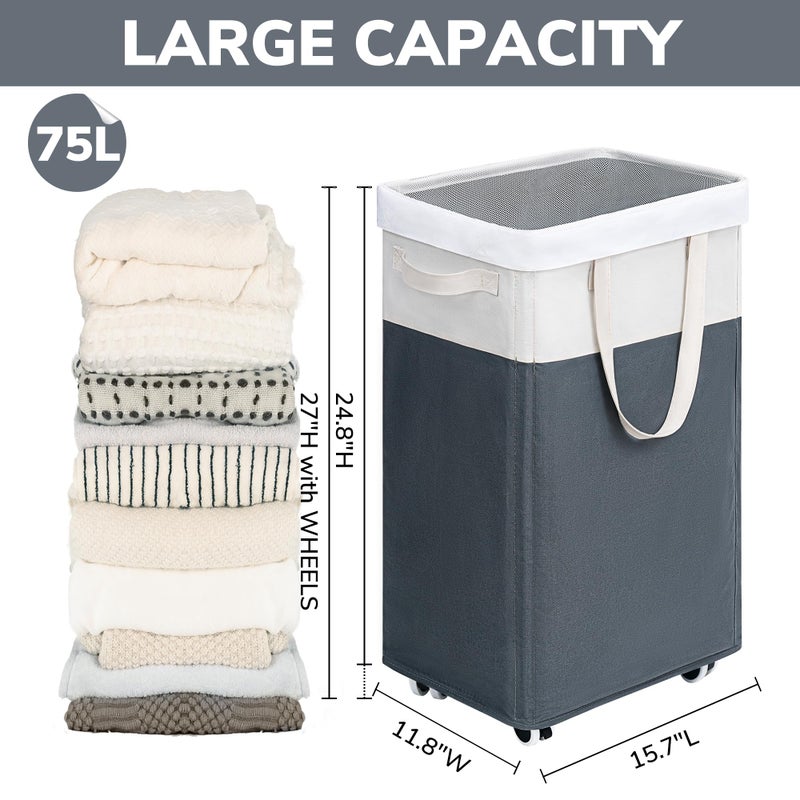 Goodpick Laundry Basket with Wheels, 75L Laundry Hamper for Dirty Clothes, College Dorm Essentials, Clothes Hamper for Livng Room, Grey&White - Image 3