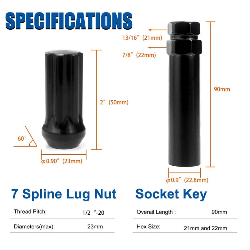 GAsupply 1/2-20 Black Spline Lug Nuts - 20 Pack with Lock Key Socket - Image 2