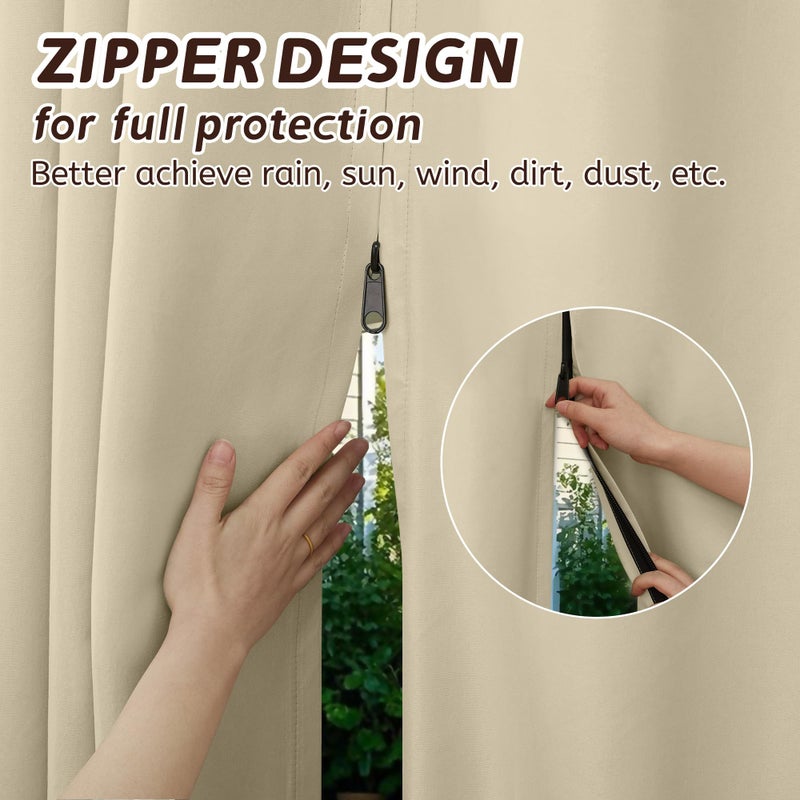 Arfntevss Outdoor Curtains for Patio Waterproof 2 Panels Blackout Curtains 84 inch Long with Zipper Top & Bottom Grommet Sun Blocking Outdoor Privacy Drape for Gazebo Porch Pergola (54x84, Beige) - Image 2