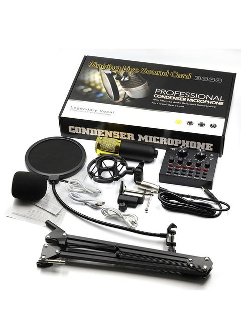 Podcast Equipment Bundle BM-800 Mic Kit with Live Sound Card Adjustable Mic Suspension Scissor Arm Metal Shock Mount and Double-Layer Pop Filter for Studio Recording & Broadcasting