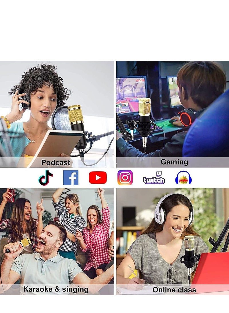 Podcast Equipment Bundle BM-800 Mic Kit with Live Sound Card Adjustable Mic Suspension Scissor Arm Metal Shock Mount and Double-Layer Pop Filter for Studio Recording & Broadcasting