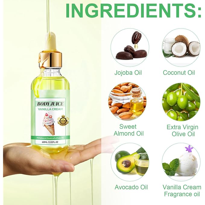 YOOJ Vanilla Cream Body Juice Oil, Deep Moisturizing Nourishing Body Oil, Long Lasting Vanilla Cream Fragrance Body Care Oil, Eliminates Odor, Ph Balanced, Natural Fruit Oil Infused Body Oil - Image 3