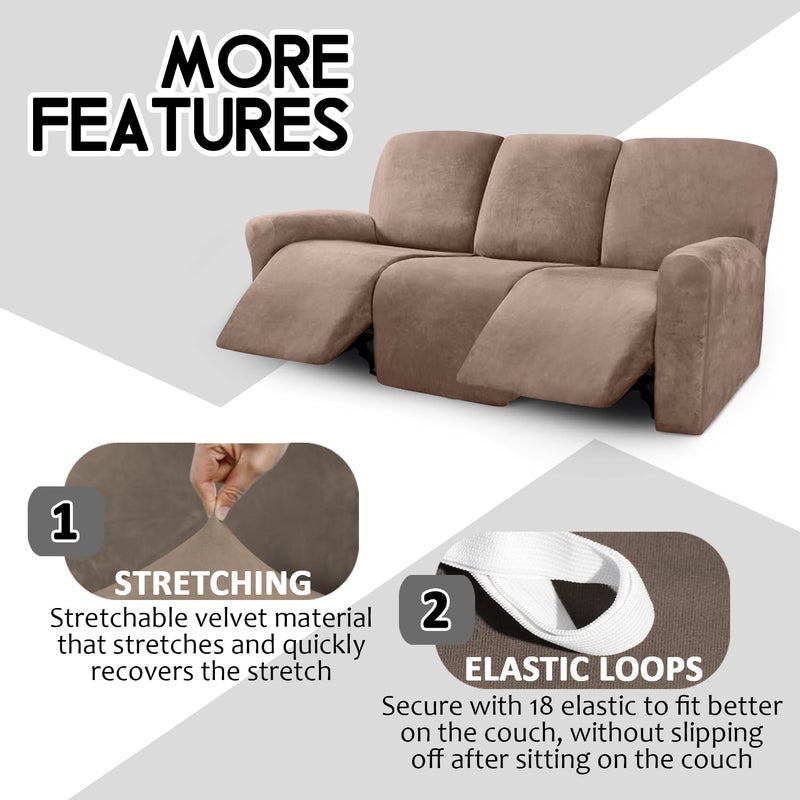 ULTICOR Velvet 8-Pieces Recliner Sofa Covers Stretch Reclining Couch Covers for 3 Cushion Reclining Sofa Slipcovers Furniture Covers Thick Soft Washable (3 Seater Recliner Cover, Sand) - Image 4