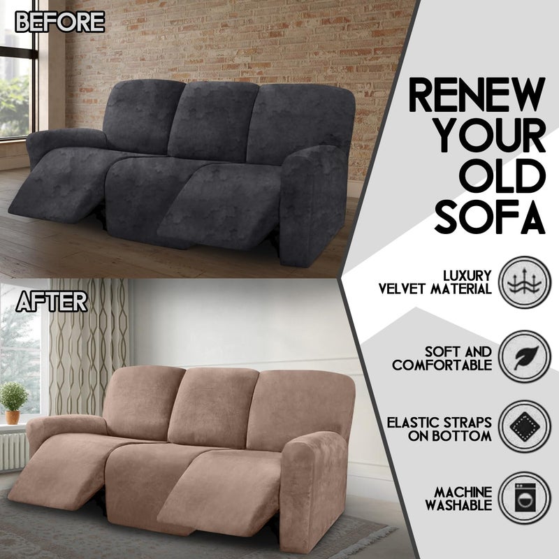 ULTICOR Velvet 8-Pieces Recliner Sofa Covers Stretch Reclining Couch Covers for 3 Cushion Reclining Sofa Slipcovers Furniture Covers Thick Soft Washable (3 Seater Recliner Cover, Sand) - Image 5
