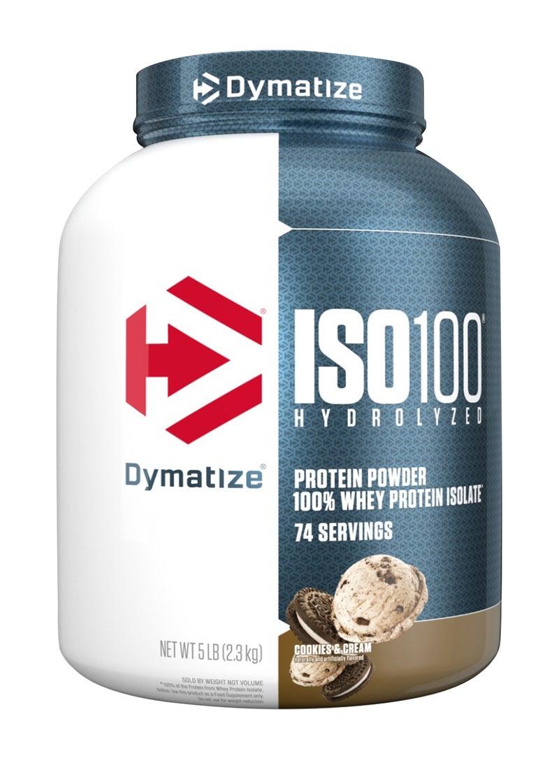 Dymatize ISO100 Hydrolyzed Protein Powder, 100% Whey Isolate, 25g Protein, 5.5g BCAAs, Gluten Free, Cookies & Cream, 2.27kg (5Lb), 74 Servings - Image 1