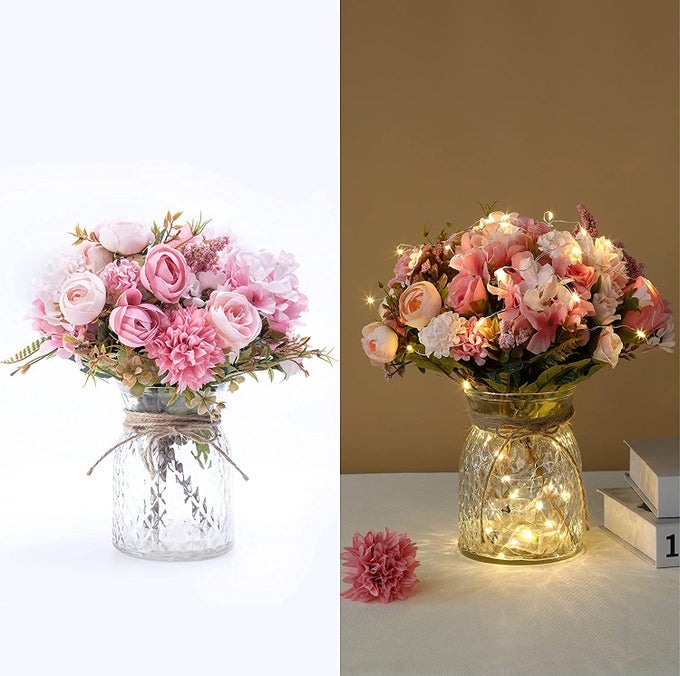 ARTIFICIAL LED PINK ROSE FLOWERS WITH GLASS VASE FLOWER ARRANGEMENT FOR TABLE CENTERPIECE HOME OFFICE WEDDING DECORATION